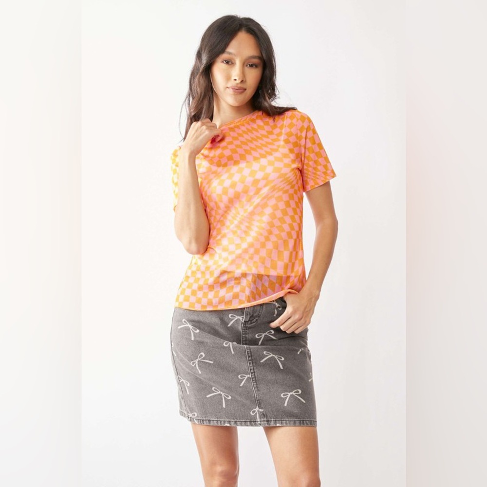 🟠 363B-ORANGE. Checkered Mesh Short Sleeve Top